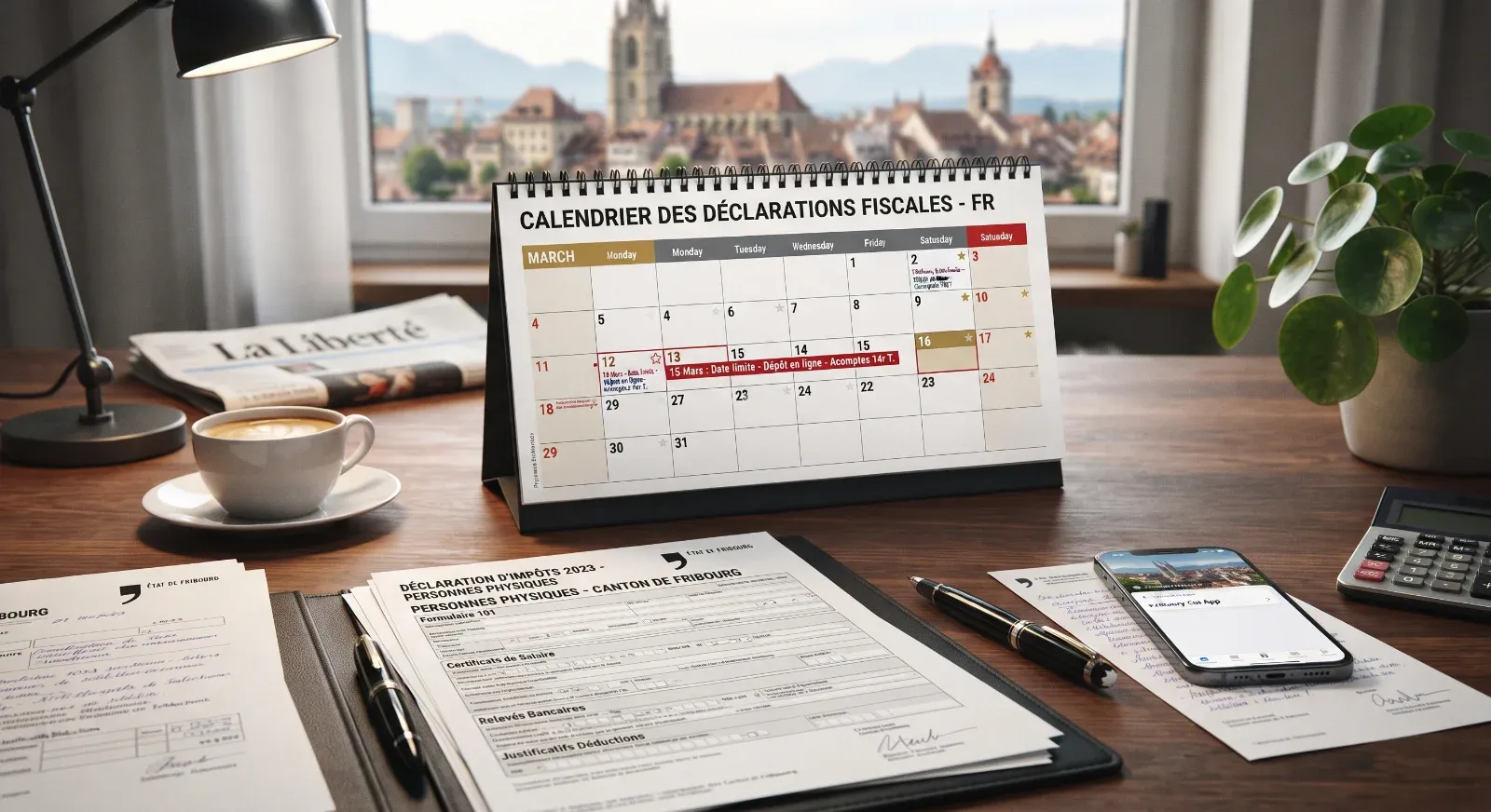 Bureau avec un calendrier des déclarations fiscales ouvert sur le mois de mars, une déclaration d'impôt fribourgeoise, un café et une vue sur Fribourg