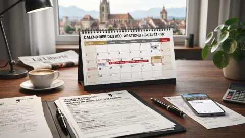 Bureau avec un calendrier des déclarations fiscales ouvert sur le mois de mars, une déclaration d'impôt fribourgeoise, un café et une vue sur Fribourg
